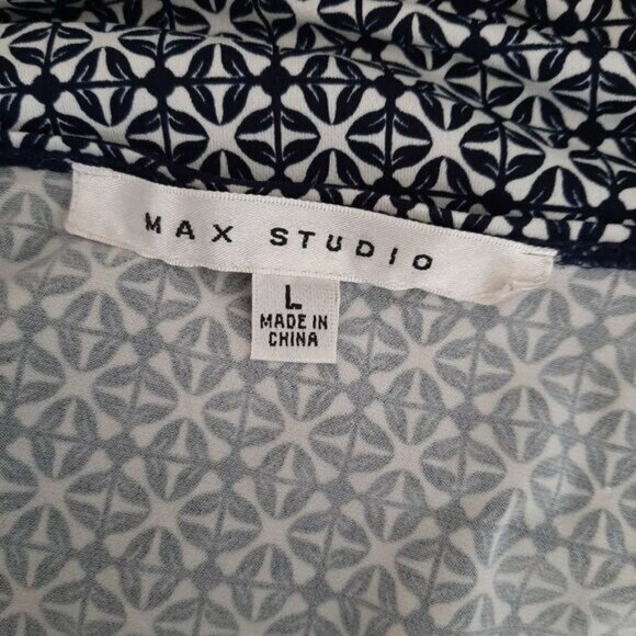 MAX STUDIO Geometric Blue Pattern Stretchy Faux Wrap Mini Dress Sz L - Picture 14 of 15